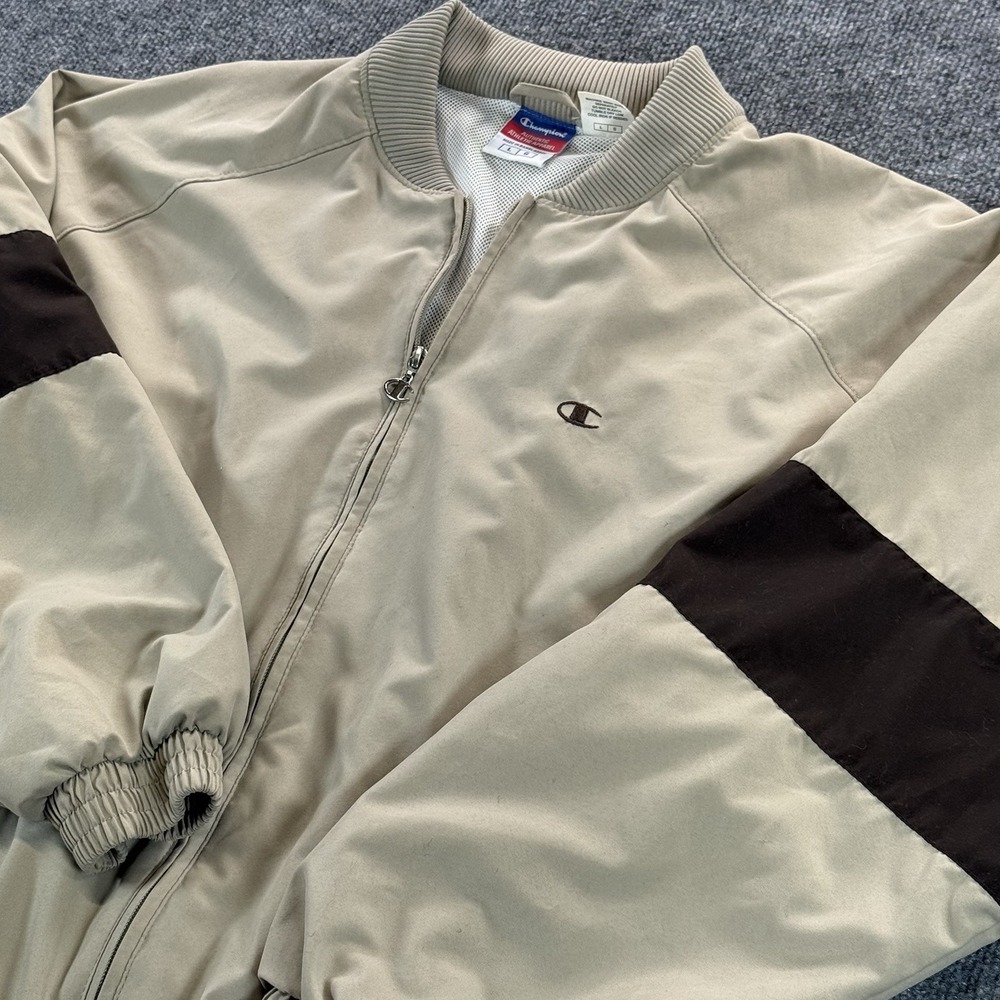 Champion Mens Tan Brown Colorblock Mesh Lined Windbreaker Jacket Large Full Zip